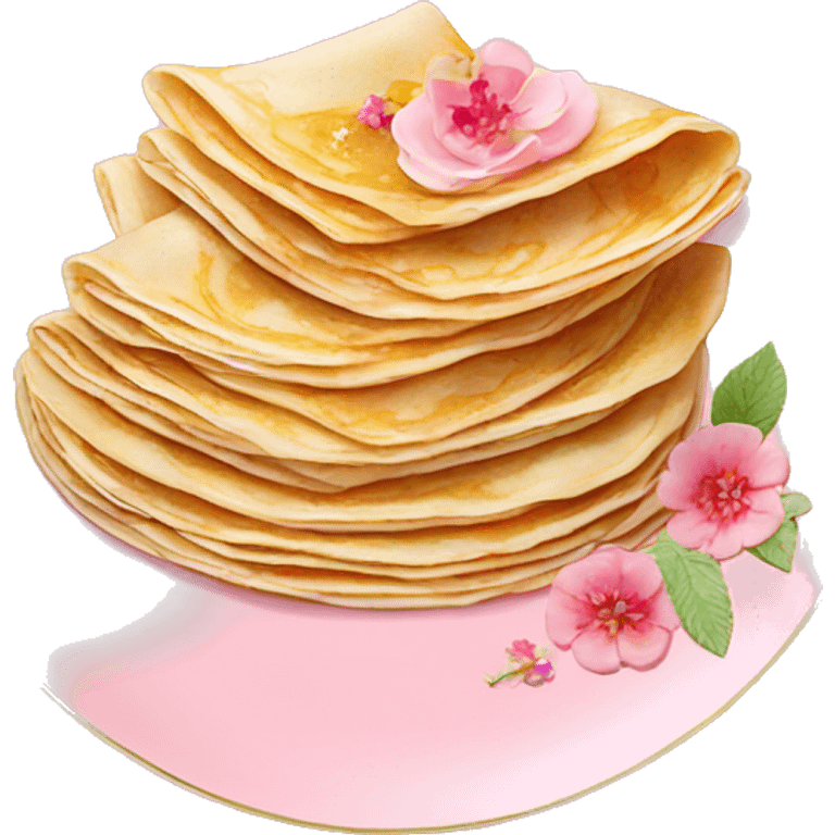 Crepes stacked on a light pink porcelain plate with floral print  emoji