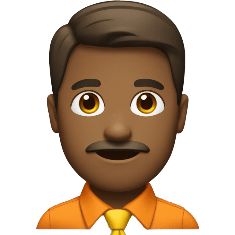 A man with brown short hair, brown skin, a brown mustache, wearing an orange shirt and a large yellow tie. emoji