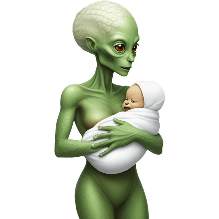  Reptilian alien woman , full body,  holds a newborn white humman baby emoji