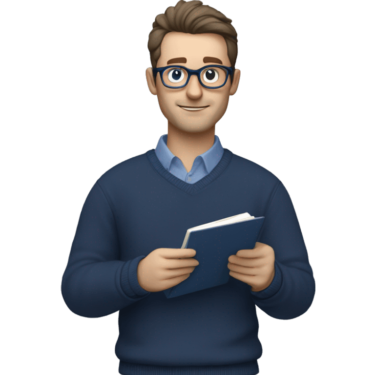 caucasian white man with dark hair, blue glasses, and carrying design plan because he is an architect carrying a pencil and a set model maquette. wearing a navy blue long sleeve sweater shirt. smart.  emoji