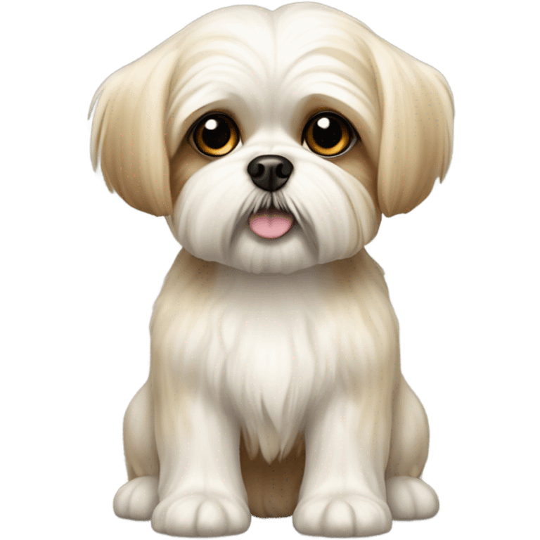 A maltese-shitzoo breed dog, tiny dog with short stubby legs, white/cream color with tan spots emoji