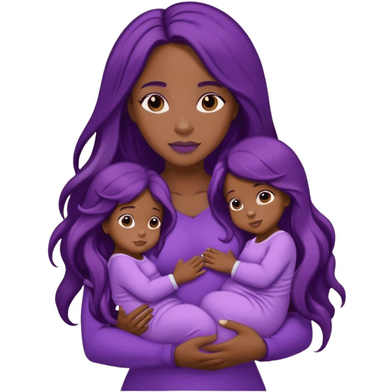 Black woman with twins in her arms wearing purple and long hair.  emoji