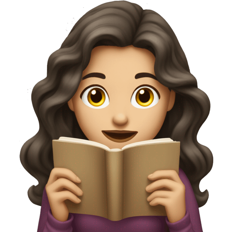 brunette long wavy hair woman biting lip while holding and reading book emoji