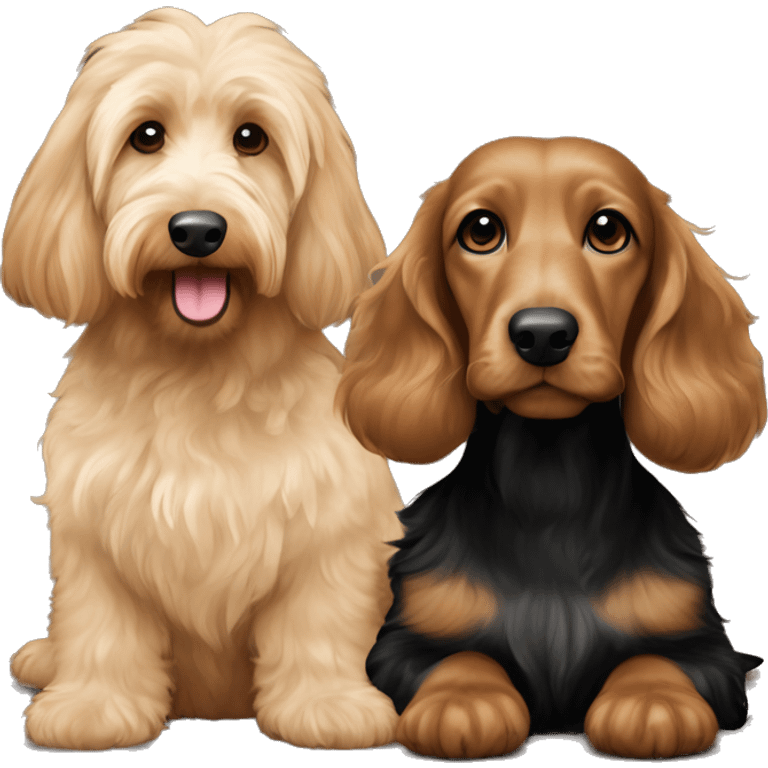 Brown goldendoodle medium size and black and tan and cream longhair dachshund sitting together  emoji