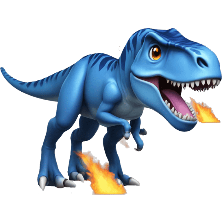 T. rex with blue dorsal fins on his back and is dark grey and h is shooting blue fire out of his mouth emoji