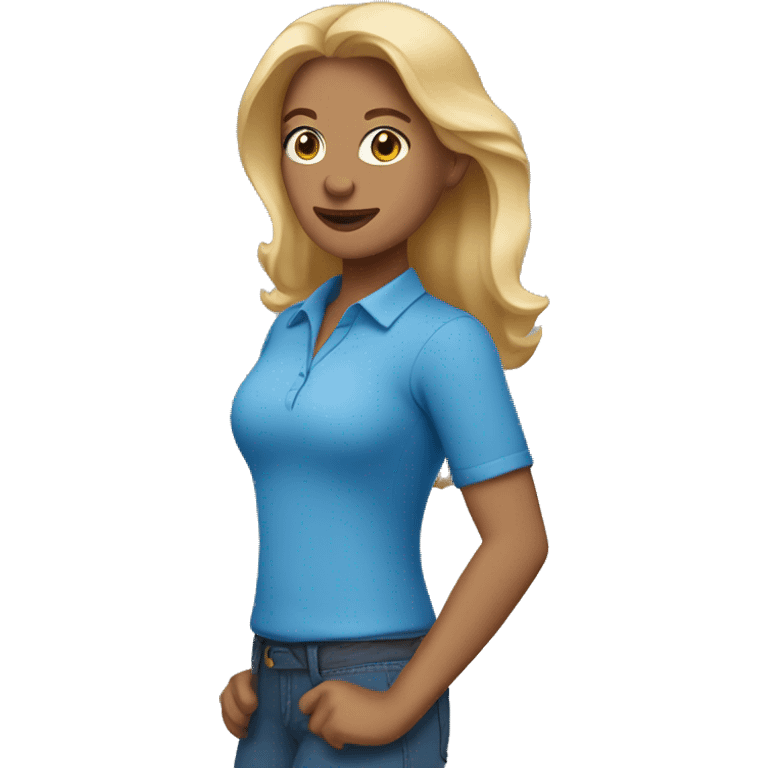 Woman with blonde hair and blue shirt and red pants and medium skin emoji