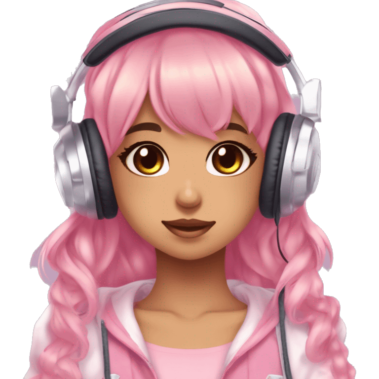 BROWN SKIN GAMER GIRL WITH BANGS AND WAVY HAIR gamingheadset pink kawaii gamer shiny blushing cute kawaii pastel anime trending style pink gaming headset gamergirl pastelcore emoji