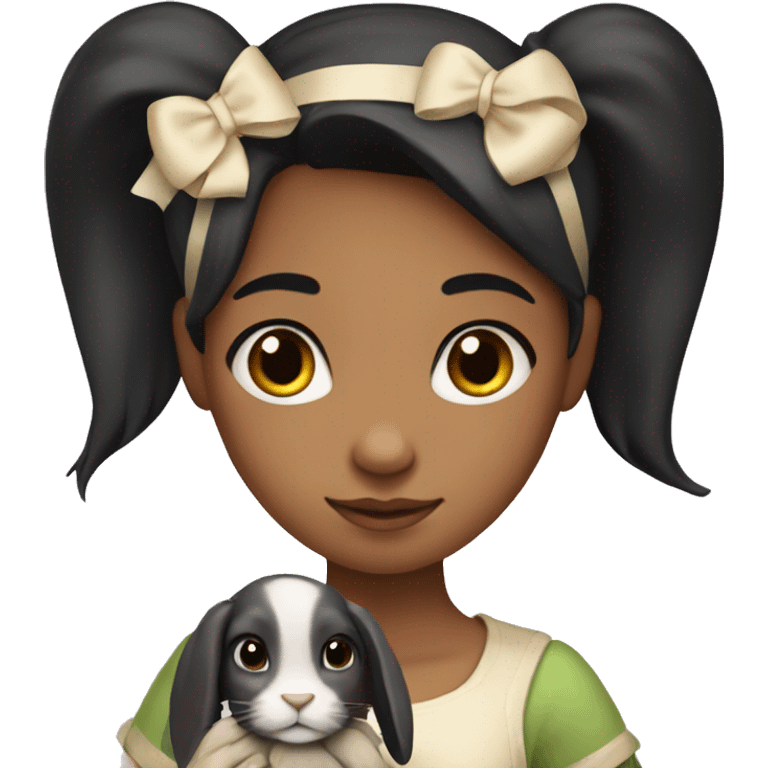 A girl with black hair and fair skin, with a bow on her hair, holds a hare in her hands emoji