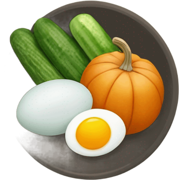 Three eggs, pumpkin, cucumber, salad, red potatoe emoji