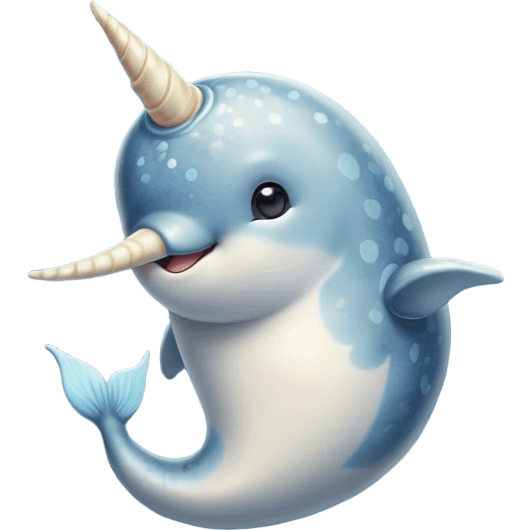 Cinematic Cute Narwhal Portrait Emoji, Head tilted playfully and inquisitively, showcasing a sleek, streamlined body with subtly iridescent, mottled gray skin and a prominently spiraled ivory tusk, complemented by round, sparkling eyes full of gentle wonder, Simplified yet irresistibly adorable features, highly detailed, glowing with a warm, friendly arctic glow, high shine, affectionate and lively, stylized with a touch of whimsical marine charm, soft glowing outline, capturing the essence of a mischievous yet loving narwhal that seems as if it could frolic out of the screen into your heart! emoji