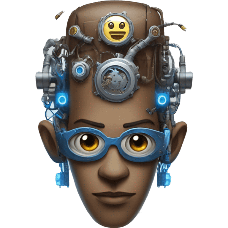 Brown cyborg head with blue Mohawk, blue beard, silver steampunk monocle goggles a smile and circuits emoji