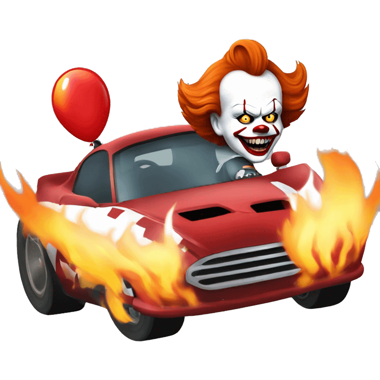 pennywise driving a race car with flames in the background emoji