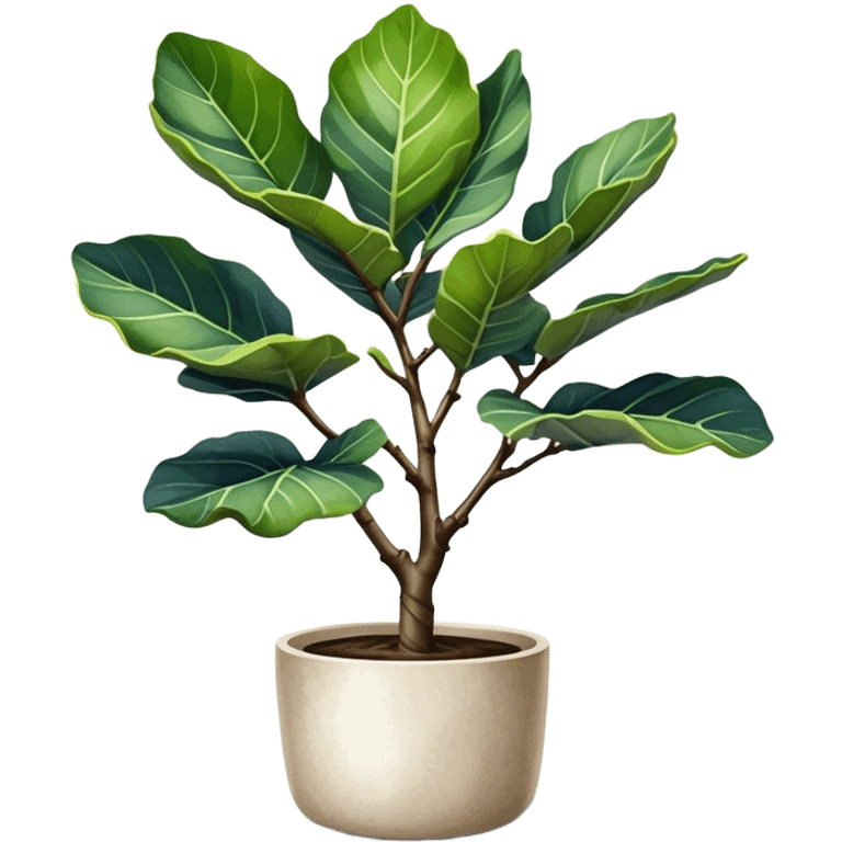 An elegant fiddle-leaf fig tree in a modern minimalist pot, painted in watercolor with realistic shadows and highlights. emoji