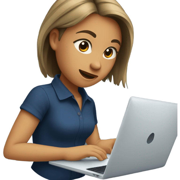 Girl IN DARK BLU SHIRT working with a laptop, NO PONY TAIL, STRAIGHT HAIR, NO NOTEBOOK emoji