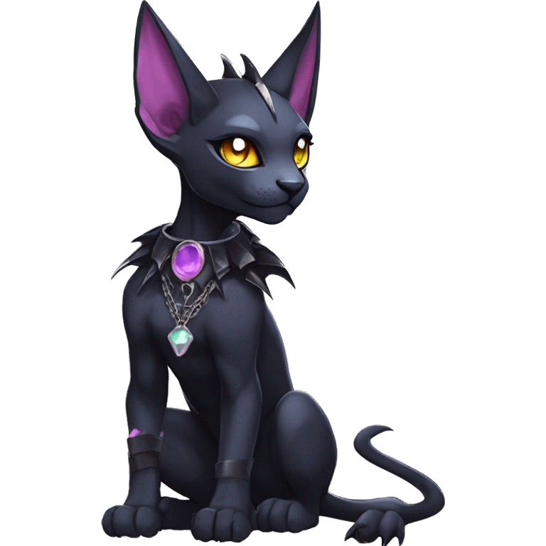 cool edgy evil pretty anthro godly legendary powerful colorful black shiny fantasy elegant nargacuga-bat-sphynx-Fakemon wearing a collar, techwear punk style, beautiful mane, full body emoji