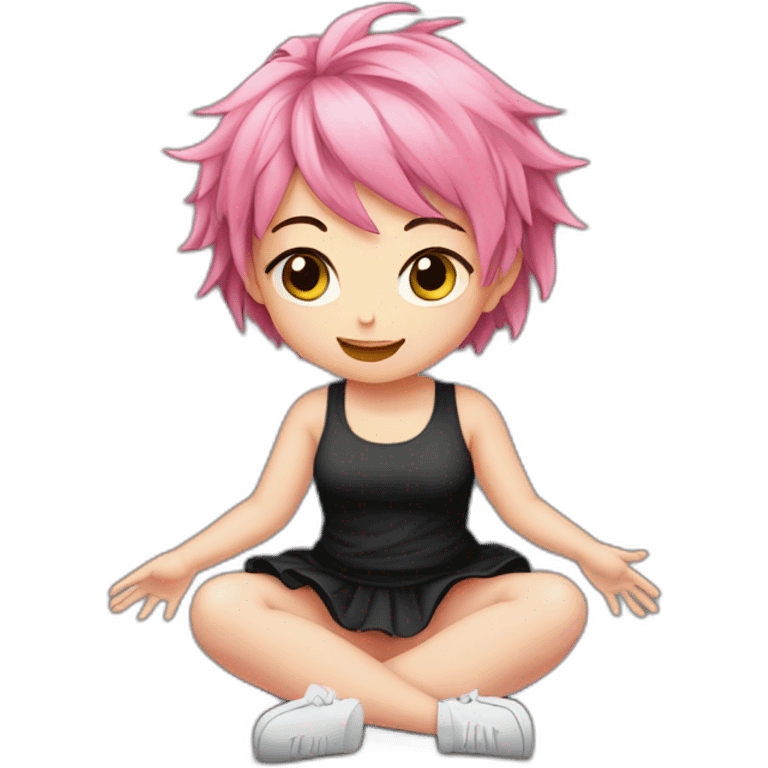 Full body Front view curvy emo girl pink hair sits on the floor straight view hands up black skirt полосатые рваные чулки emoji