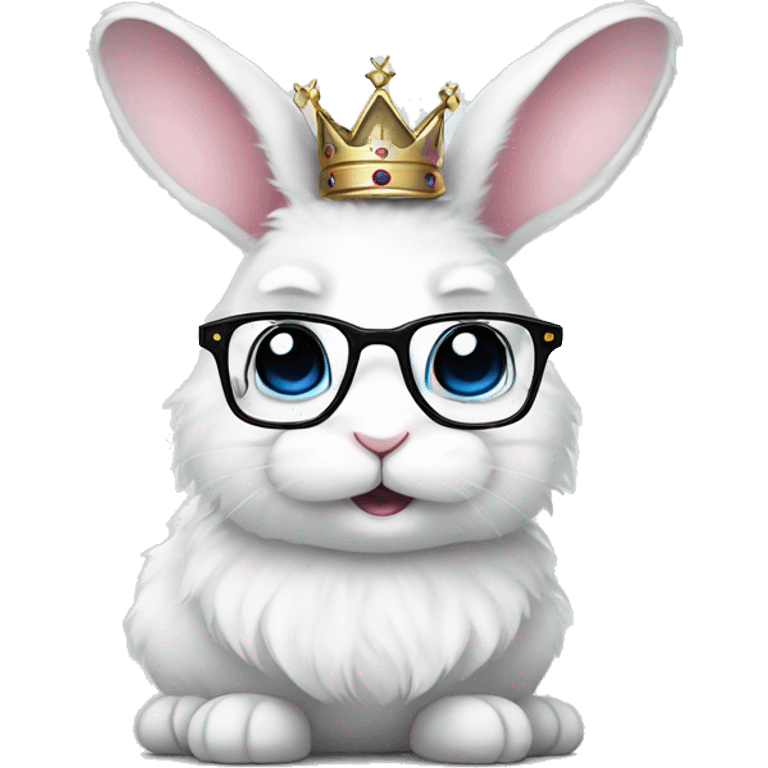 cute super fluffy white bunny with glasses wearing a crown emoji