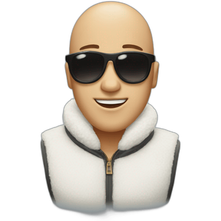 bald smile emoji wearing big black sunglasses in white furry fleece vest emoji