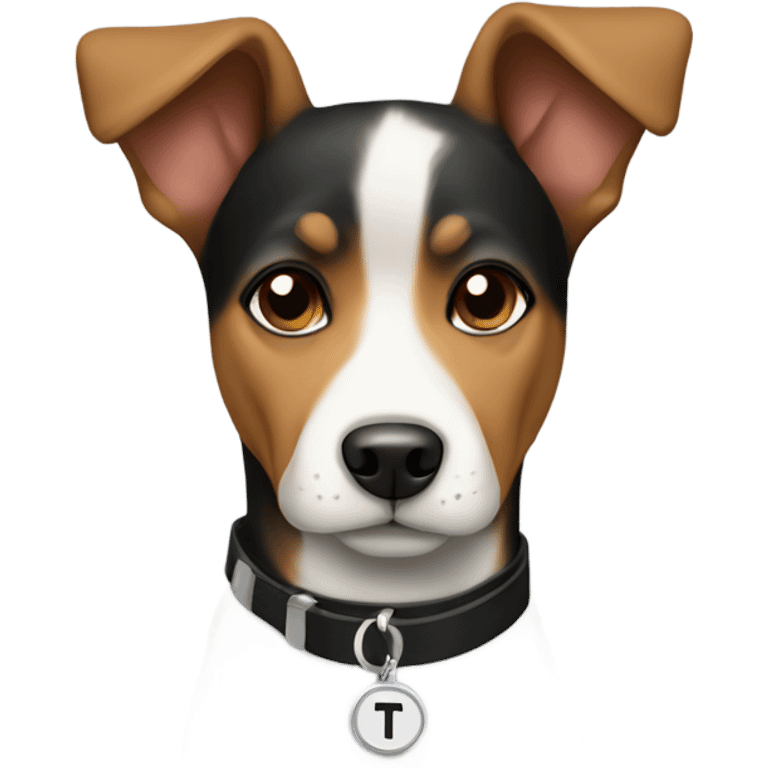 Black white and brown tri colored dog  wearing a T initial collar  emoji