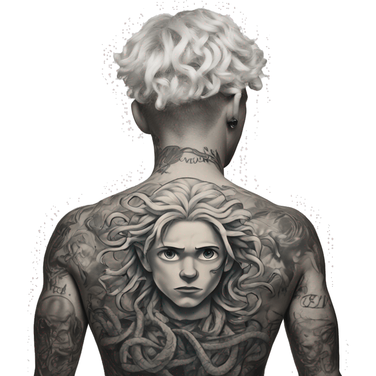 Inked white Boy with back piece tattoo of Medusa  emoji