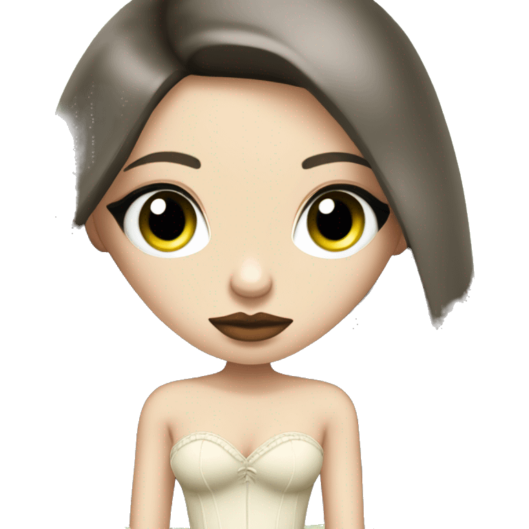 Sad Brunette bombshell supermodel girl with long straight hair, pale skin, pink lips and green eyes. Wearing a cream bustier  emoji