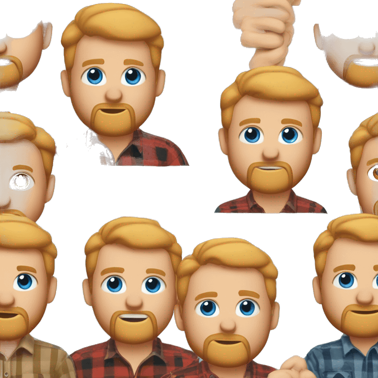 Blond ginger bearded man blue eyes lumberjack shirt short hair groomed, partially loosing hairs on boy side of the forehead, blushing on cheeks emoji