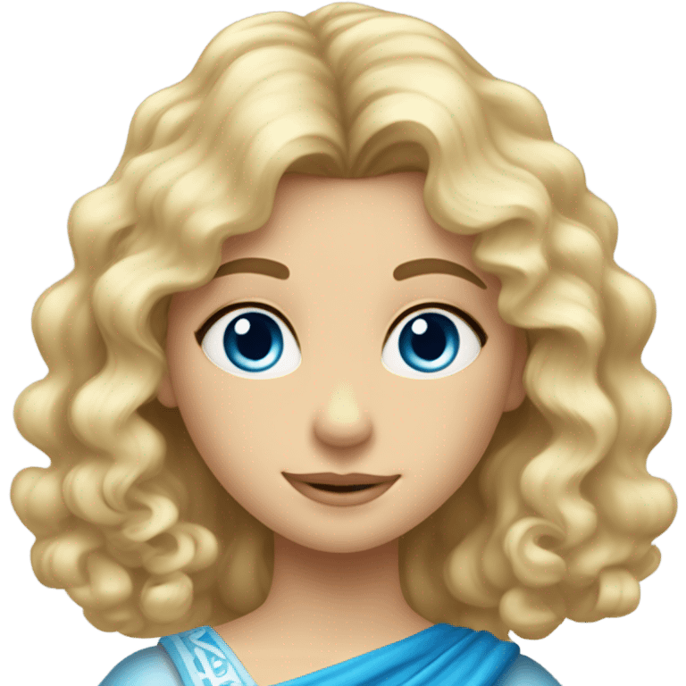 Blonde Serbian Girl with shoulder length hair and a few strands of curly bangs with blue eyes who looks like a princess emoji