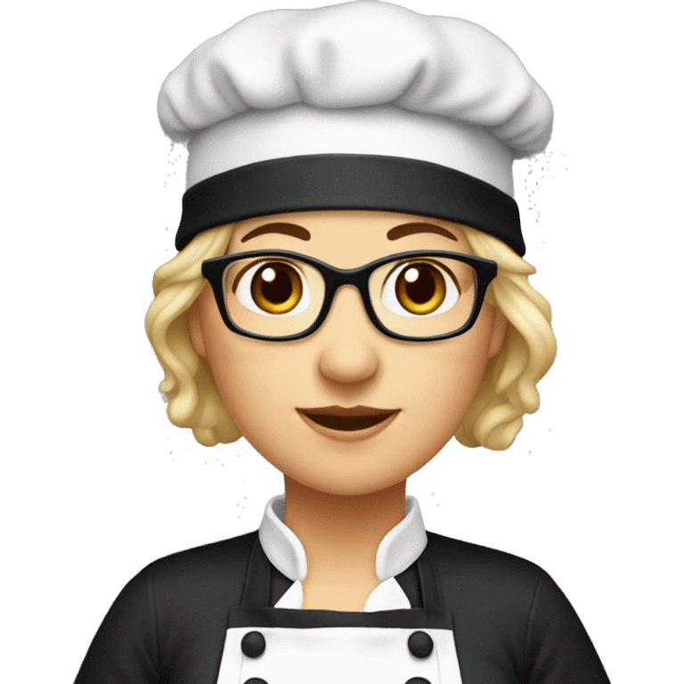 a female chef, chubby, mature,dark eyes , glasses, black apron, black hat emoji