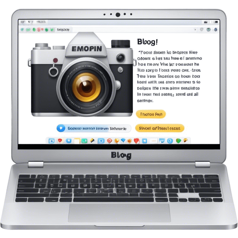 Create an emoji representing blogging. The design should feature an open laptop with a visible blog post on the screen, showing text. Add a photo or video camera to emphasize multimedia content. Do not include any emojis or smiley faces. Make the background transparent. emoji