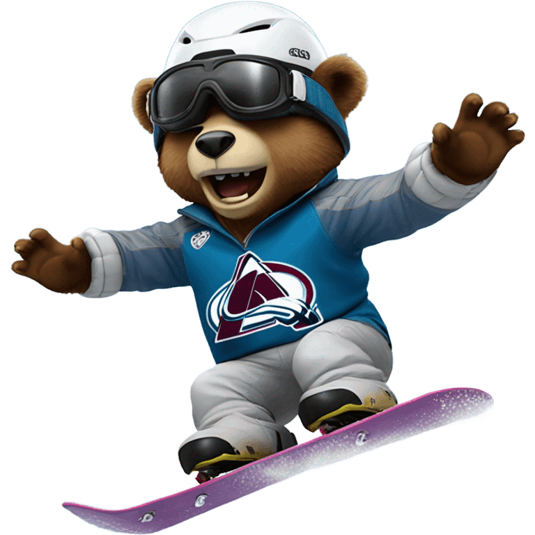 snowboarding bear with helmet and goggles in colorado avalanche jersey doing insane trick emoji