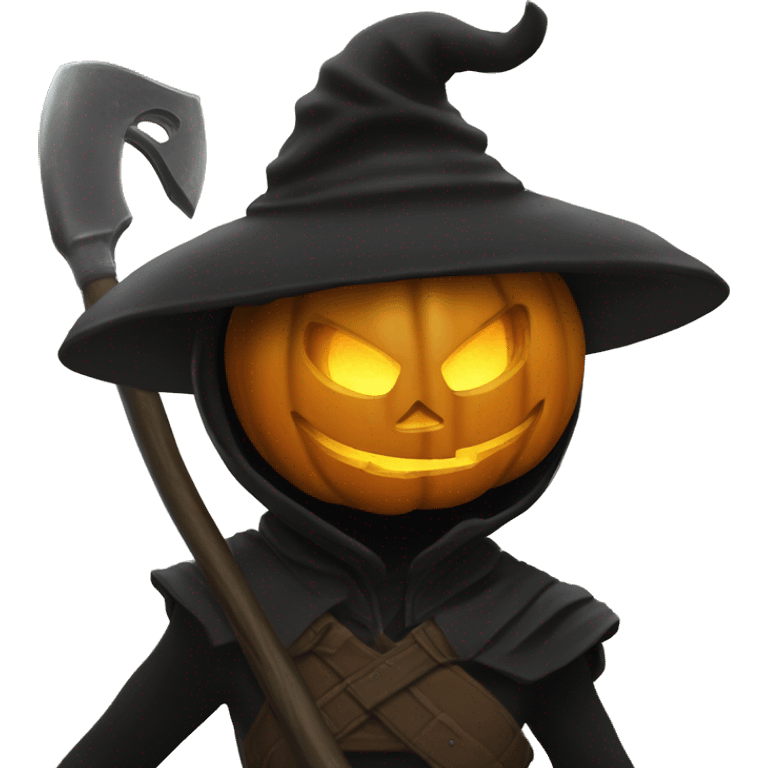 Human female pumpkin hunter with a scythe, glowing pumpkin eyes inside a black helmet, Halloween theme, emoji" emoji