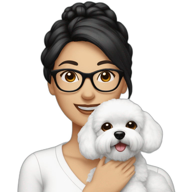 woman-black-hair-bun-with glasses-with bichon dog-white-smile-Christmas emoji