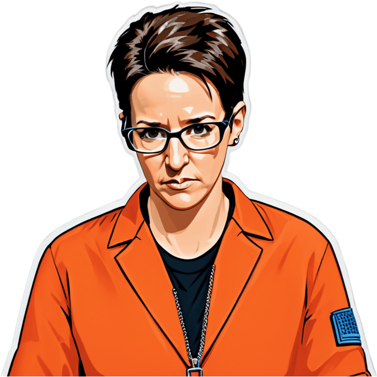 Rachel maddow in handcuffs  behind her back with an orange jumpsuit up close looking worried emoji