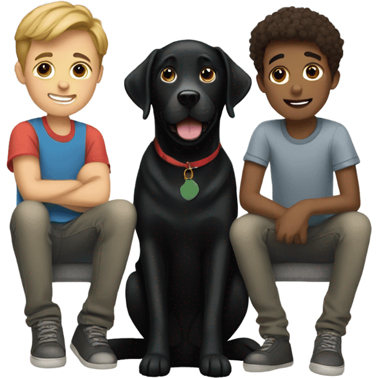 Black Labrador with two white teenage boys both with brown hair  emoji