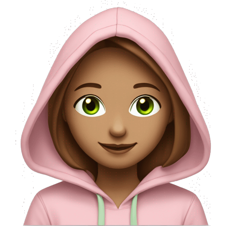 a girl with brown long hair, fair skin, green eyes, works relaxed and smiling at a modern laptop in a monochrome pale pink hoodie with a hood that is slightly pulled over her head emoji