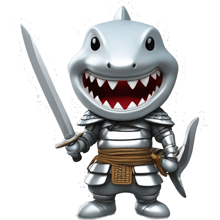 A fully silver chrome figurine of a shark in a samurai outfit, 3D style. emoji