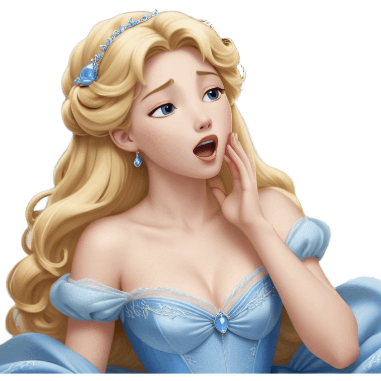 Cinematic Realistic Yawning Cinderella Portrait, showcasing lifelike porcelain skin and intricately detailed golden-blonde hair styled flawlessly as she mid-yawn reveals a moment of tender vulnerability. Her half-closed blue eyes and relaxed expression are rendered with natural, soft lighting that emphasizes the subtle textures of her face and the detailed, flowing fabric of her iconic gown. The scene glows with a cozy, authentic warmth that captures a rare, intimate moment of repose. emoji