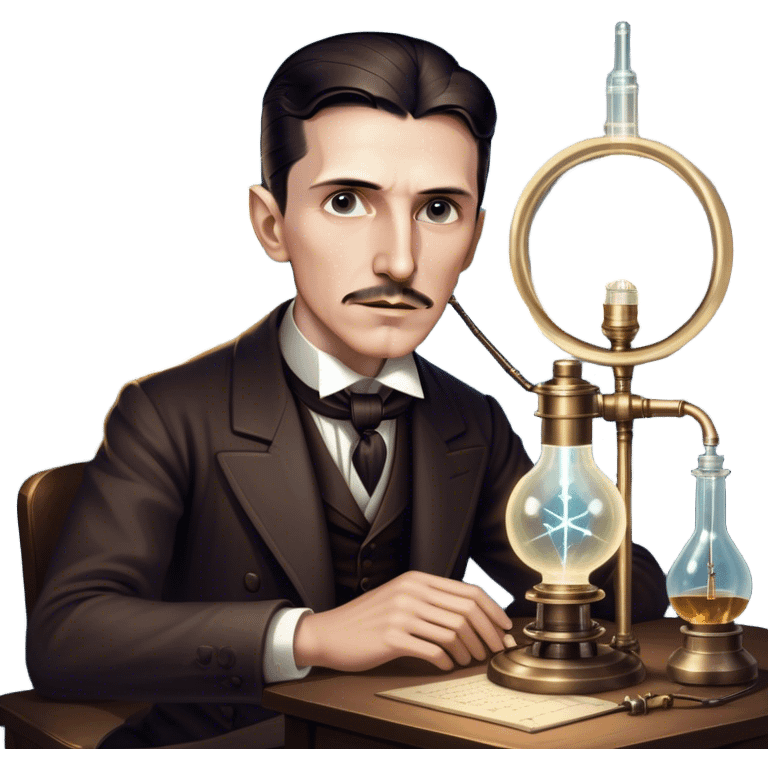 Nikola Tesla – Cinematic Realistic Portrait of Nikola Tesla, depicted as a visionary inventor with intense, thoughtful eyes and period attire, surrounded by subtle arcs of electric light and early laboratory apparatus, rendered with dramatic lighting that evokes mystery and innovation. emoji