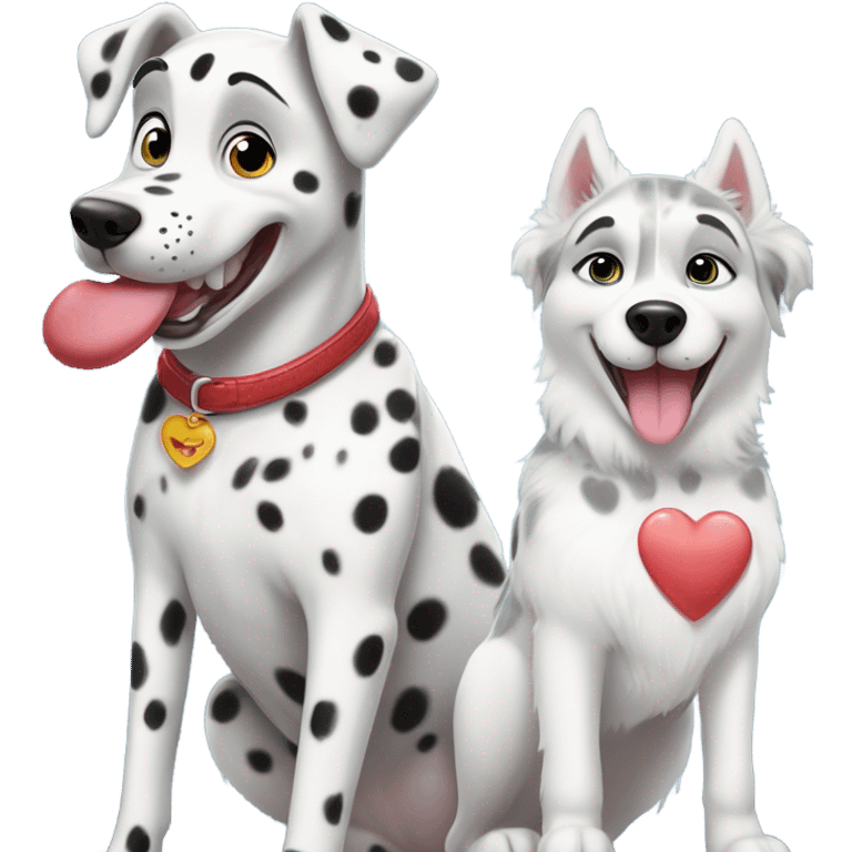 dalmatian and white and grey siberian husky with big heart over head emoji