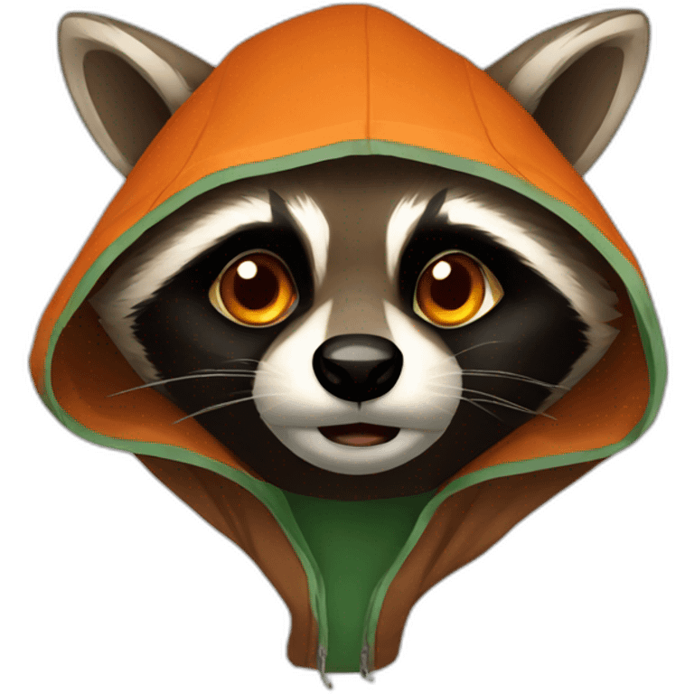 brown raccoon with orange eyes and a dark green hood that is crying emoji