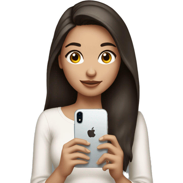 beautiful brunette girl holding an iPhone emoji