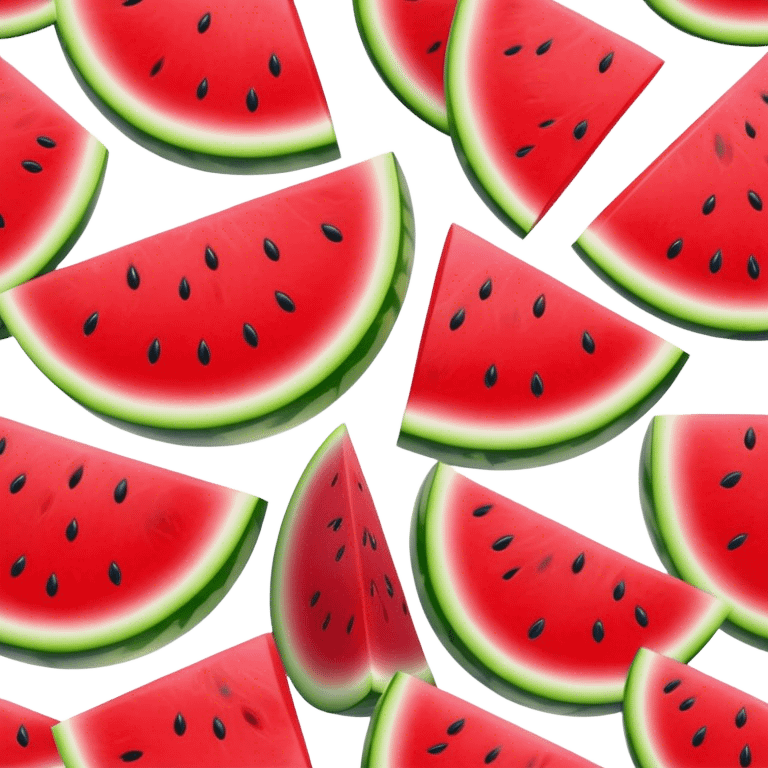 Cinematic juicy watermelon, thick slices revealing vibrant red interior, glossy and glistening with tiny black seeds, fresh and refreshing, soft glowing background, summer vibes. emoji