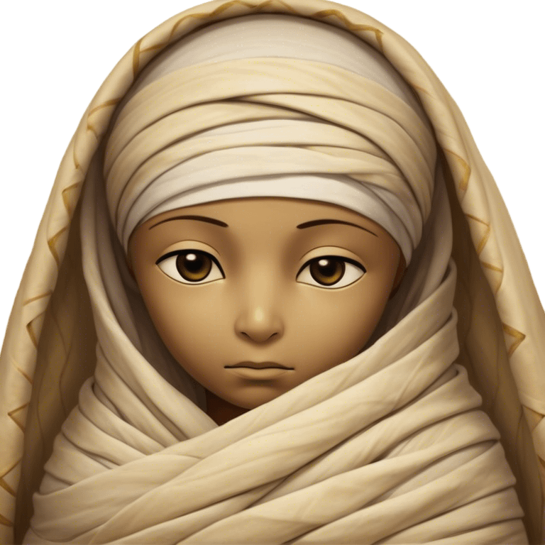 A snug, cozily wrapped mummy, fully encased in soft, slightly loose bandages, even its face gently hidden behind folds with only a tiny glimpse of sleepy eyes, nestled in warm, faded tones with gentle golden accents, simplified yet irresistibly charming, highly detailed with a soft glowing outline capturing the peaceful aura of an ancient being drifting into rest! emoji