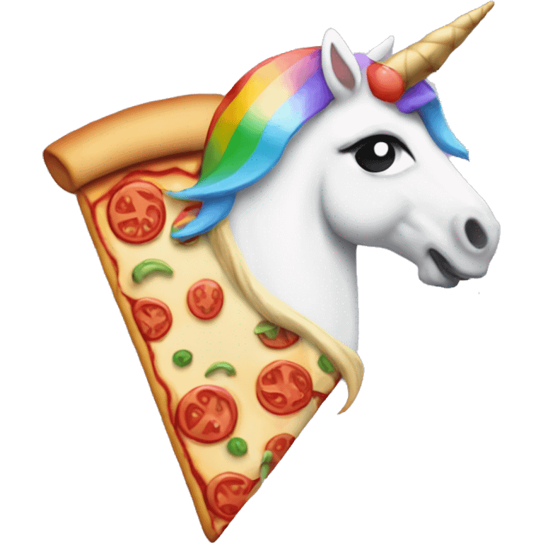 Generate an emoji of a pizza slice with a unicorn horn and rainbow mane emoji