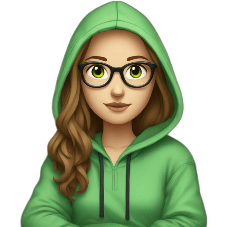 a white girl wearing glasses and a hoddie with green eyes and brown long hair sitting on a couch watching tv emoji