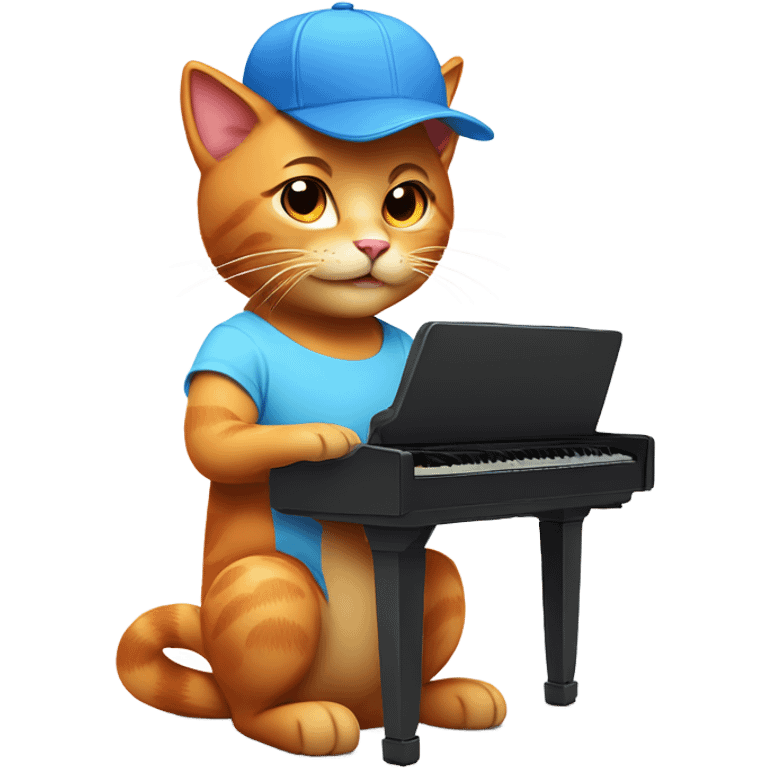 tan-red cat wearing a light-blue t-shirt and a blue base cap taps musical keyboard emoji