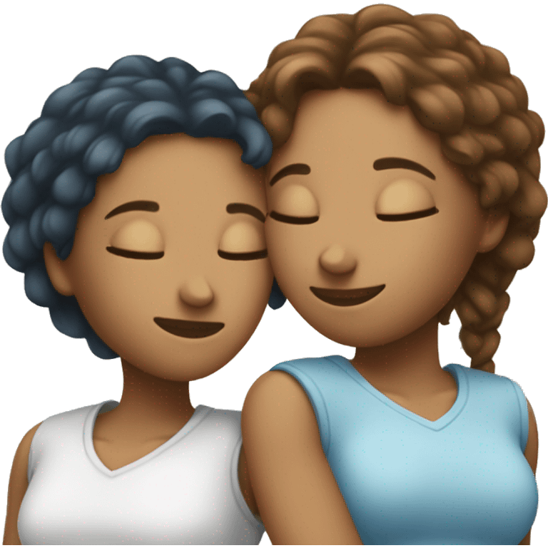 Two female best friends hugging each other, eyes closed, deep in loving hug, one wearing light blue! and one and white emoji