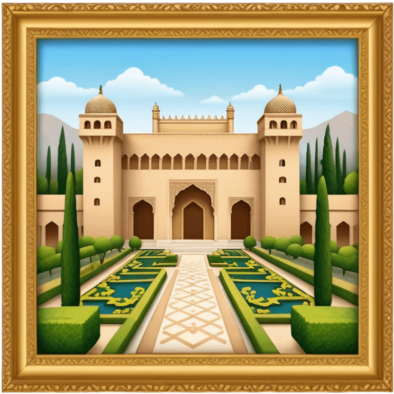 Cinematic Realistic Alhambra Landmark Emoji, showcasing the ornate historic palace with lush gardens rendered with rich textures and soft, majestic lighting. emoji