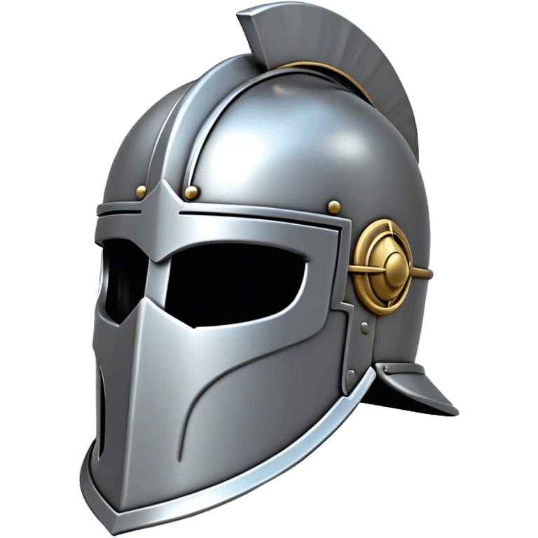 Clash of Clans aesthetic: Cinematic Playful Steel Helm Emoji, rendered in a 3D vector-style similar to standard emojis with minimal shading and bold, simplified shapes. A compact, isometric helmet crafted of shining steel with intricate engravings and a protective visor, softly glowing with a noble warrior charm. Simplified yet unmistakably iconic, highly detailed and consistent, glowing with a soft radiant gleam and high polish. Stylized with a touch of chivalric tradition and a soft glowing outline, capturing the essence of a stalwart battle helm with a friendly, playful manner! emoji