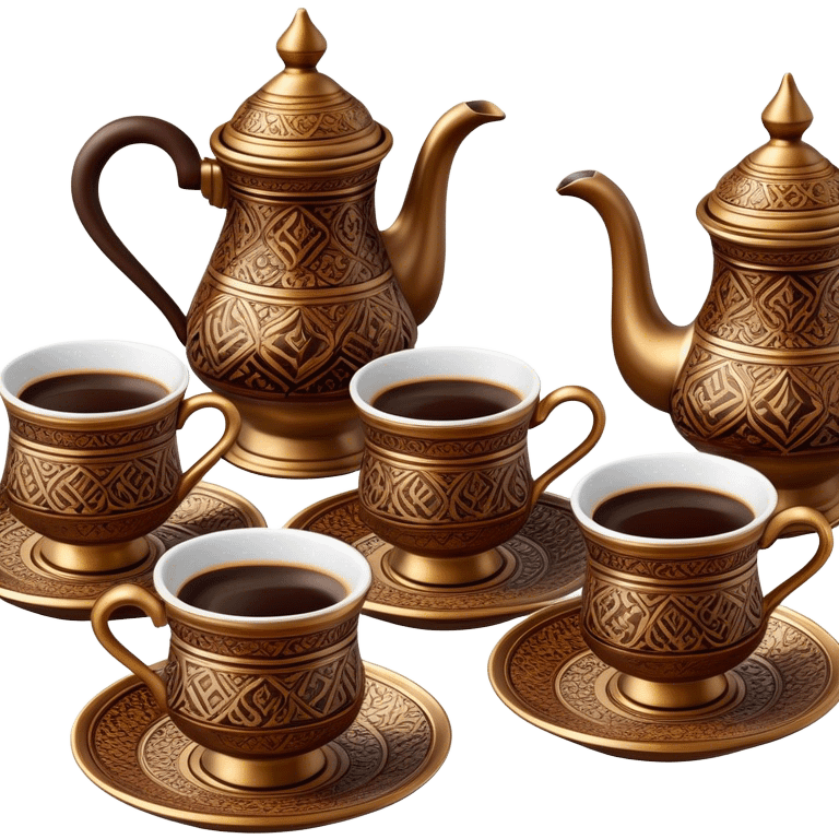 Turkish Coffee Set – Cinematic Realistic Turkish Coffee Set, depicted as an elegantly arranged ensemble of ornate coffee cups and a traditional cezve pot, adorned with intricate patterns and rich, warm colors, rendered with detailed textures and soft ambient lighting that captures its cultural heritage. emoji